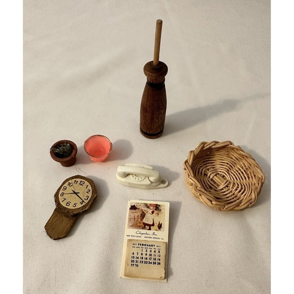 Vtg Miniatures Dollhouse Lot Butter churn Basket Telephone clock 1977 calendar